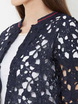 Self Design Open Front Shrug - Navy