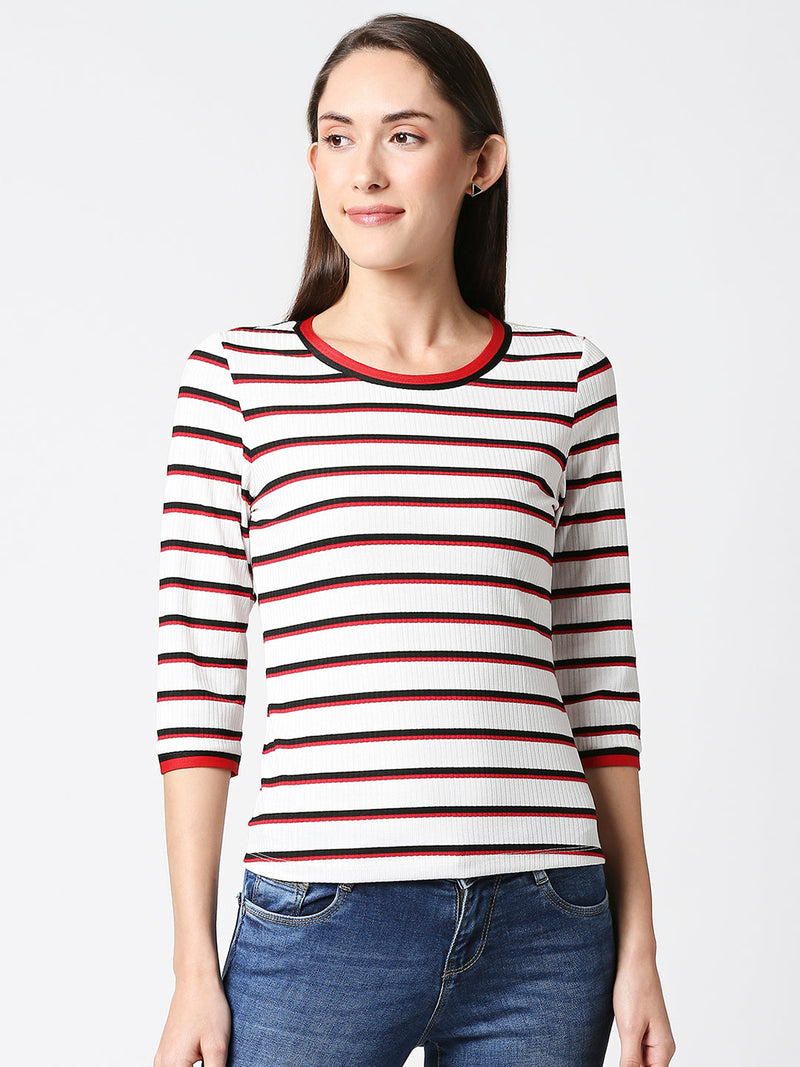 Women Striped Regular Striped T-Shirt - White