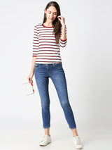 Women Striped Regular Striped T-Shirt - White