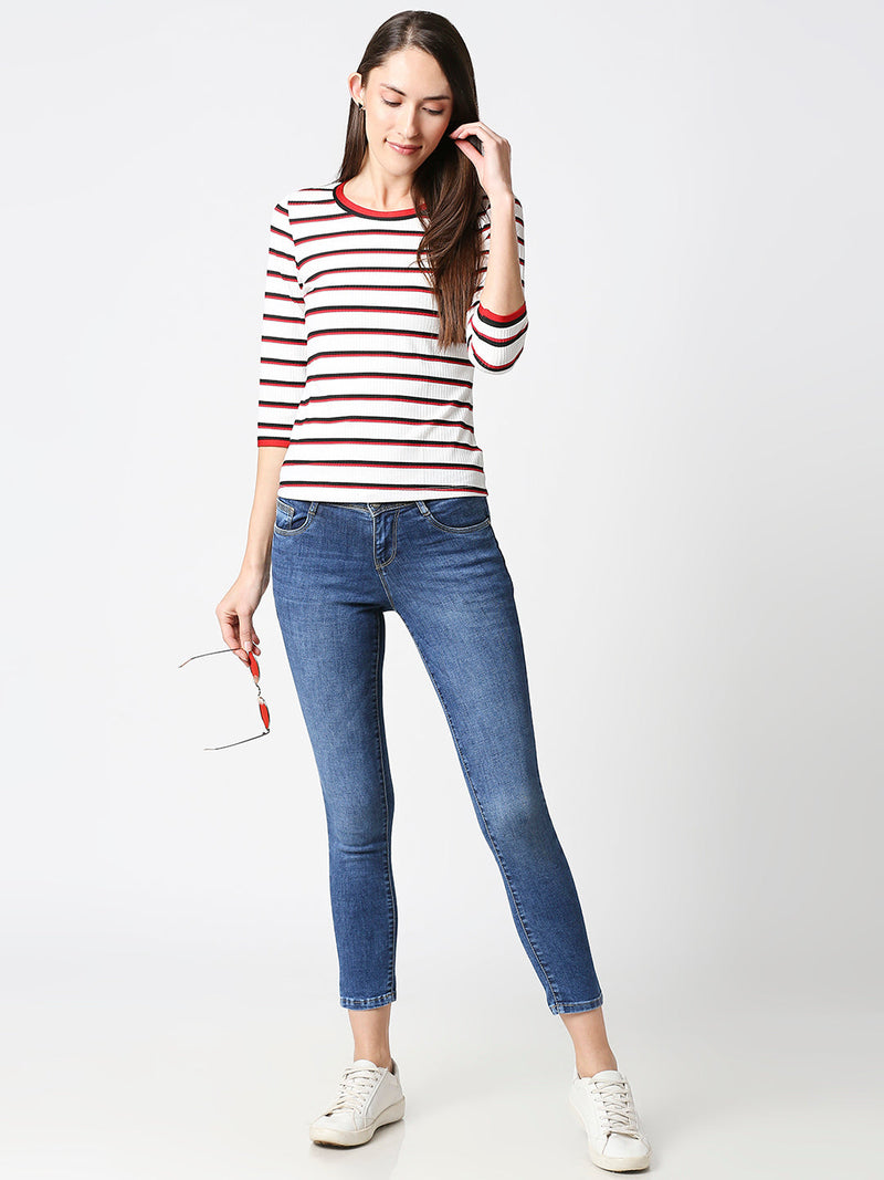 Women Striped Regular Striped T-Shirt - White