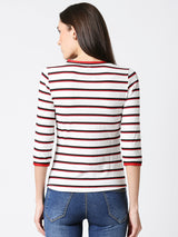 Women Striped Regular Striped T-Shirt - White