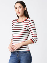 Women Striped Regular Striped T-Shirt - White