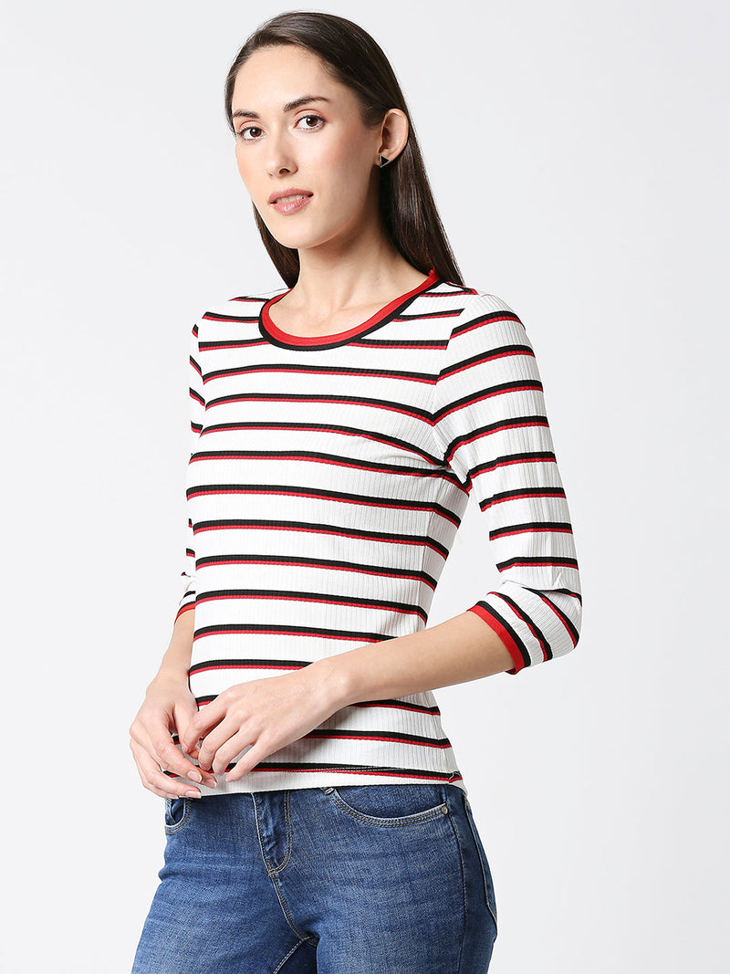 Women Striped Regular Striped T-Shirt - White