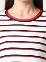 Women Striped Regular Striped T-Shirt - White