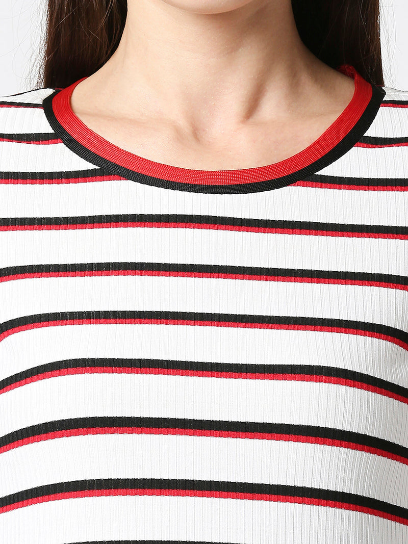 Women Striped Regular Striped T-Shirt - White