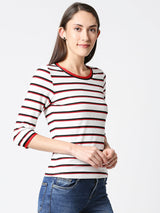 Women Striped Regular Striped T-Shirt - White
