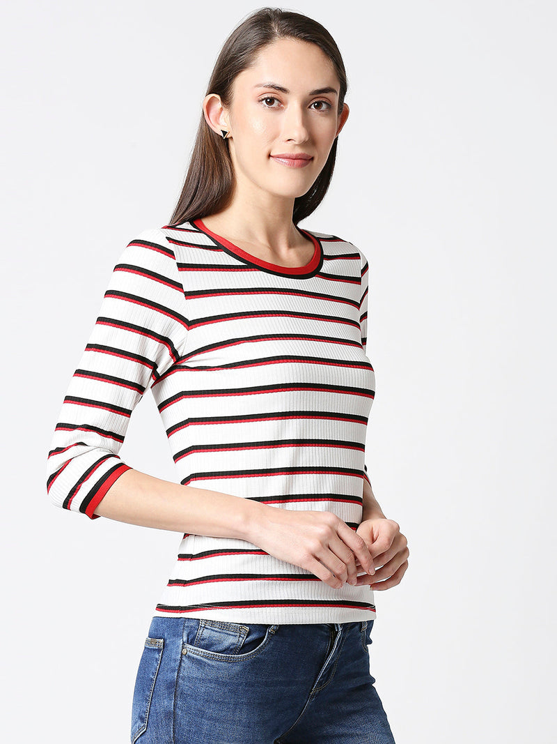 Women Striped Regular Striped T-Shirt - White