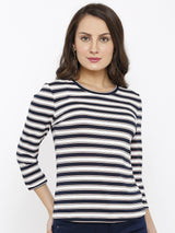 Women Round Neck T-Shirt - Navy White
