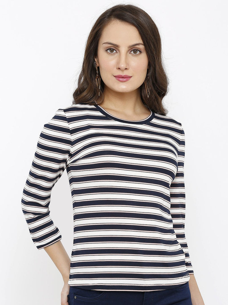 Women Round Neck T-Shirt - Navy White