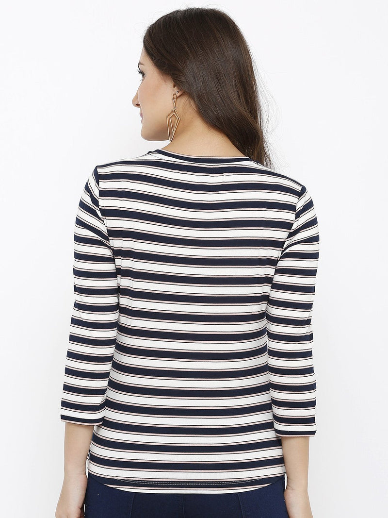 Women Round Neck T-Shirt - Navy White