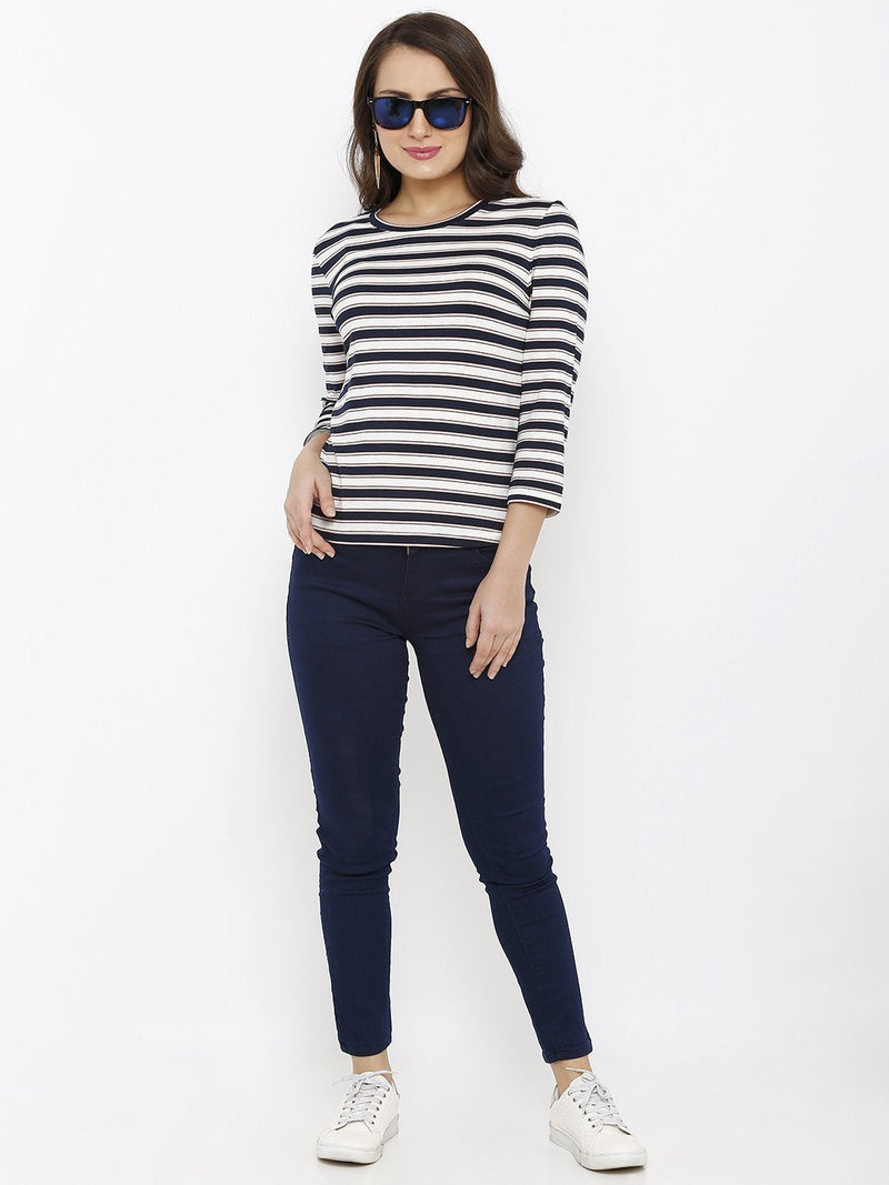 Women Round Neck T-Shirt - Navy White