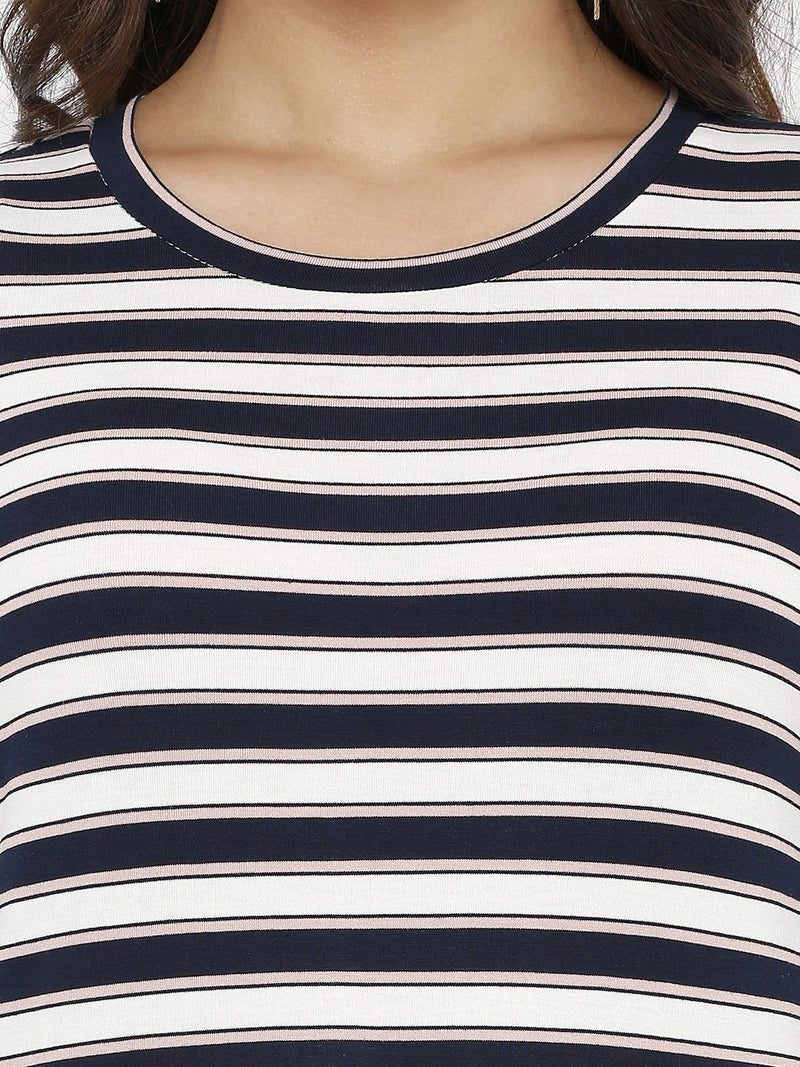 Women Round Neck T-Shirt - Navy White