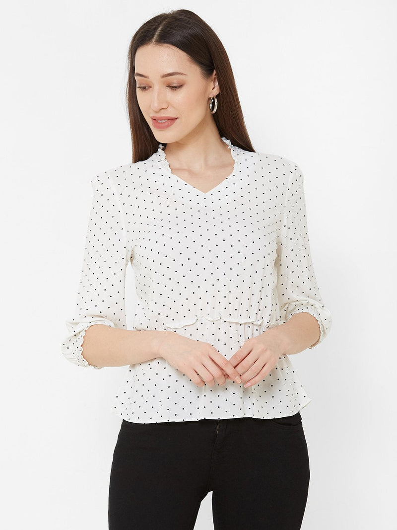 Printed Cinched Waist Top - White