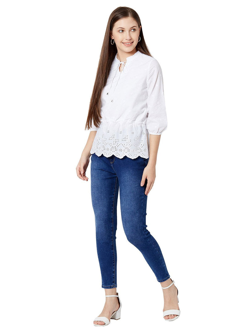 Embroidered Cinched Waist Top - Bleach White