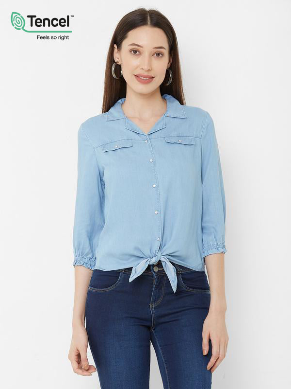 Solid Shirt Style Top - Light Blue