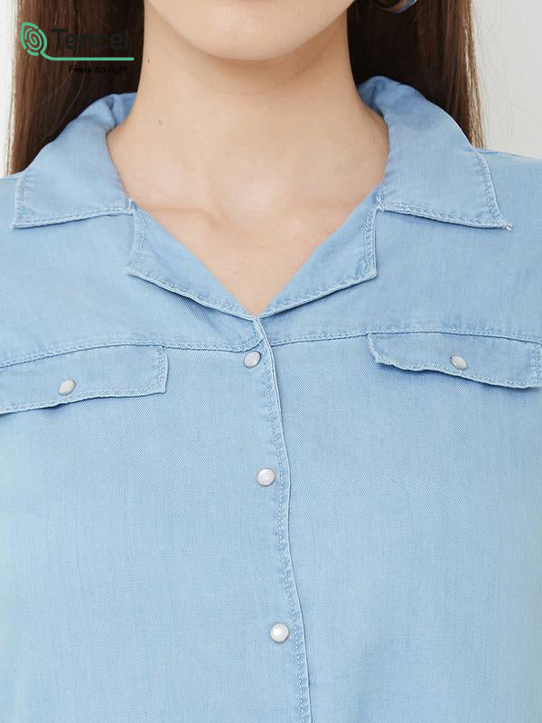 Solid Shirt Style Top - Light Blue