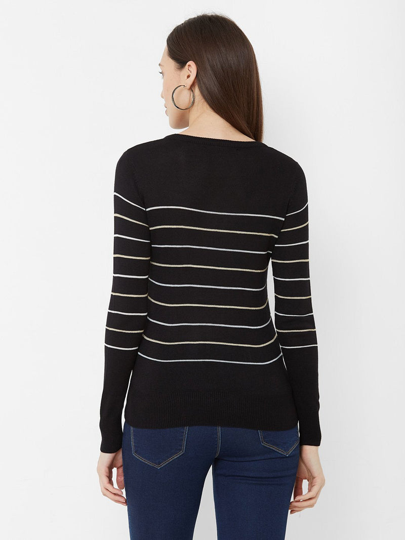 Striped Round Neck T-Shirt - Black