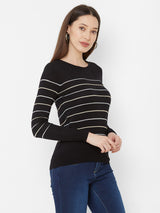 Striped Round Neck T-Shirt - Black