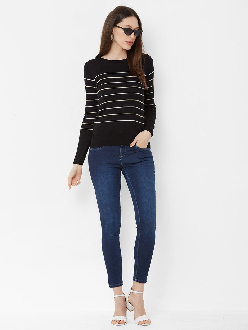 Striped Round Neck T-Shirt - Black
