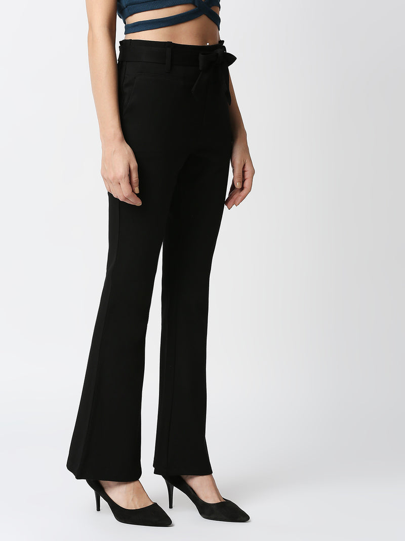 High-Rise Flared Knitted Paper Bag Pants - Black
