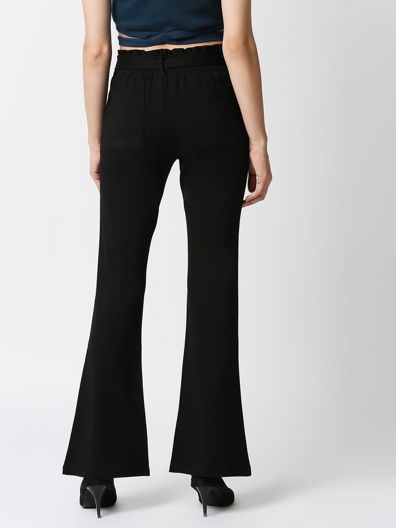 High-Rise Flared Knitted Paper Bag Pants - Black