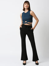 High-Rise Flared Knitted Paper Bag Pants - Black