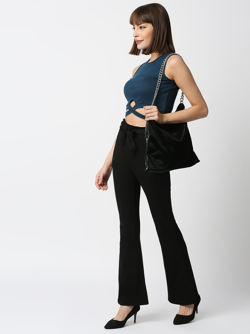 High-Rise Flared Knitted Paper Bag Pants - Black