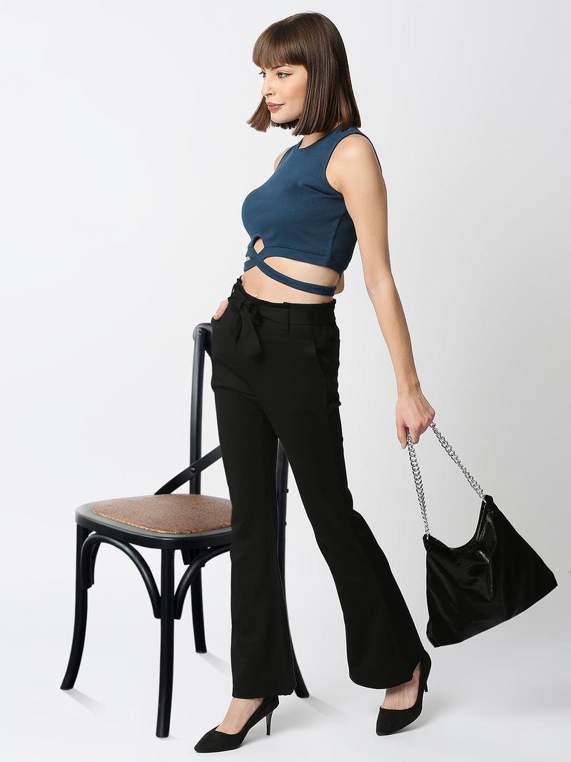 High-Rise Flared Knitted Paper Bag Pants - Black