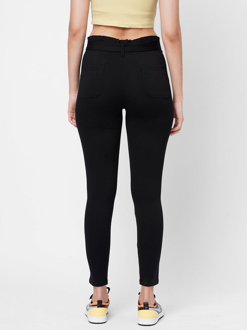 High-Rise Knitted Paper Bag Pants - Black