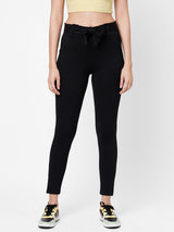 High-Rise Knitted Paper Bag Pants - Black