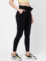 High-Rise Knitted Paper Bag Pants - Black