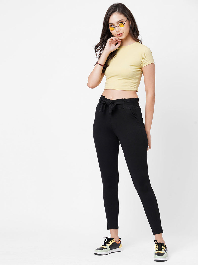 High-Rise Knitted Paper Bag Pants - Black