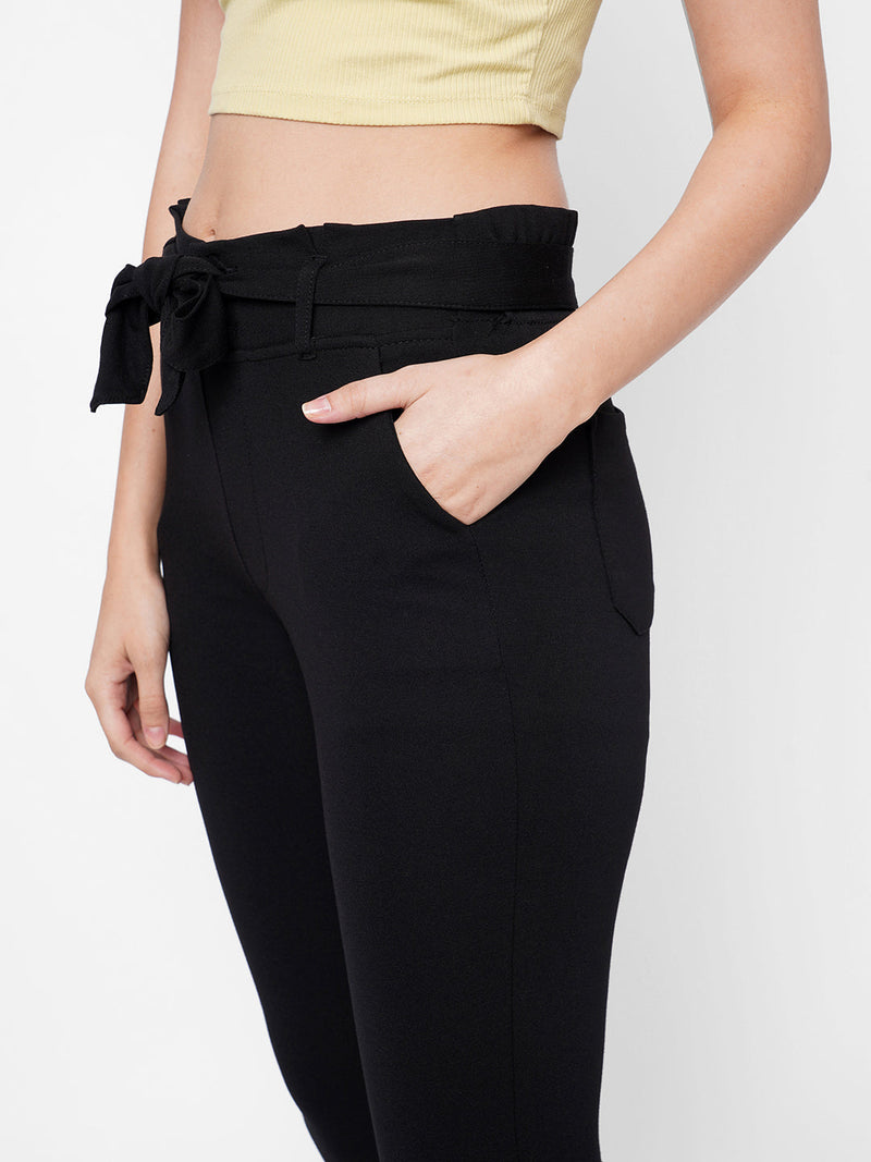 High-Rise Knitted Paper Bag Pants - Black