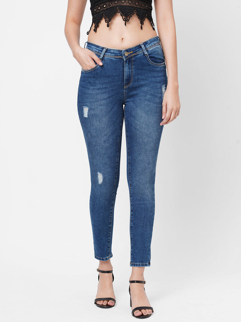 K4068 Mid-Rise Push Up Super Skinny Ripped Jeans - Blue