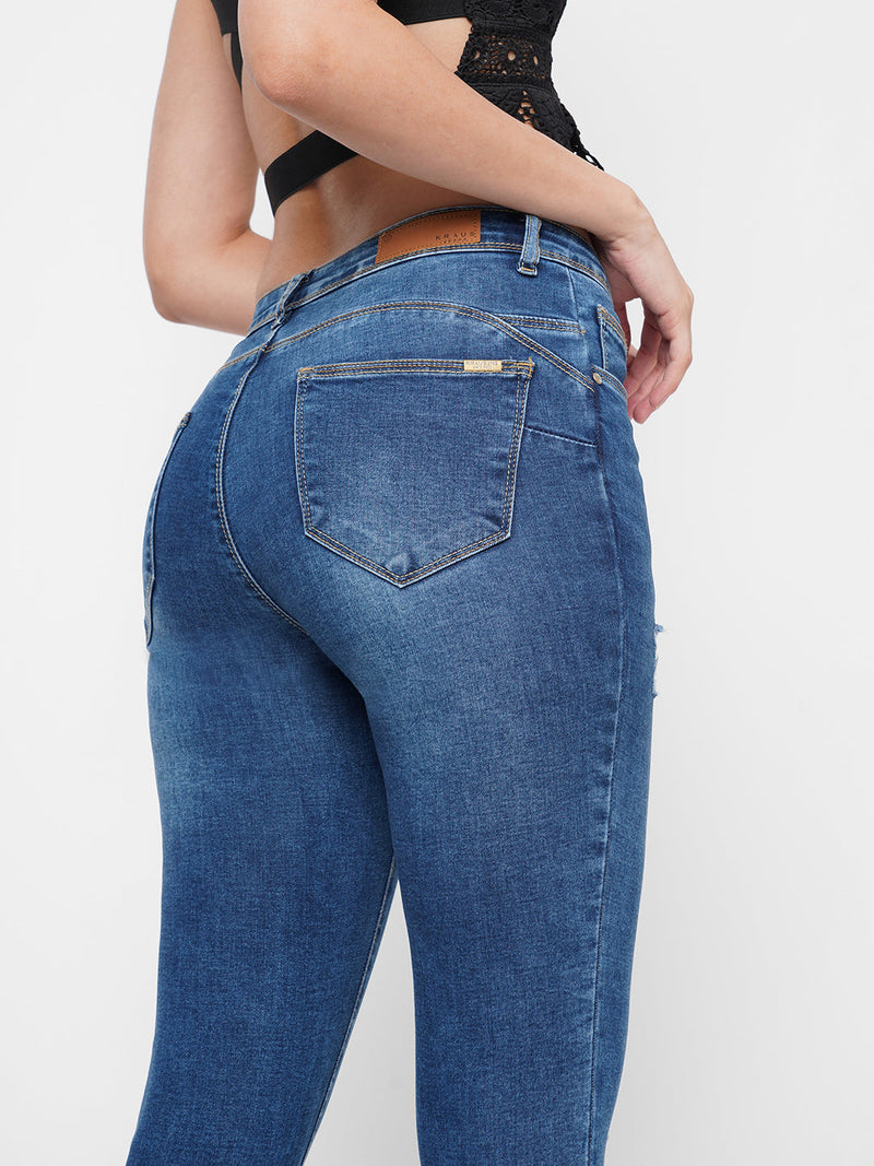 K4068 Mid-Rise Push Up Super Skinny Ripped Jeans - Blue