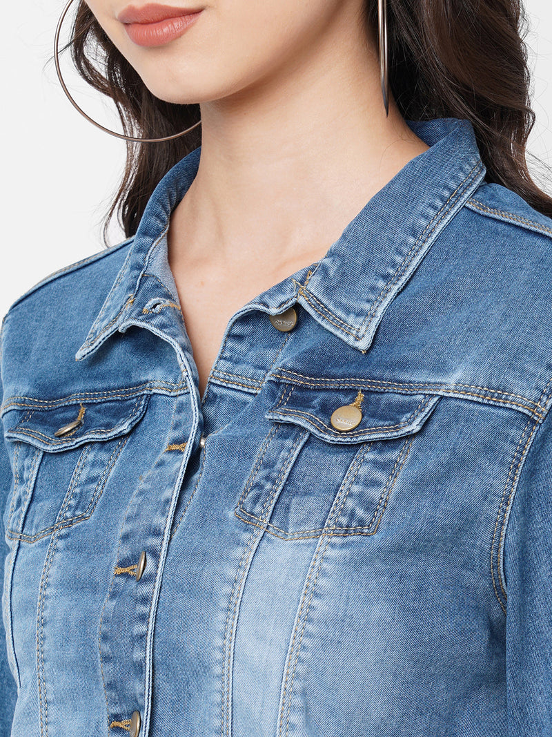 Women Blue Solid Denim Crop Jacket - Black