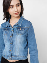 Women Blue Solid Denim Crop Jacket - Black
