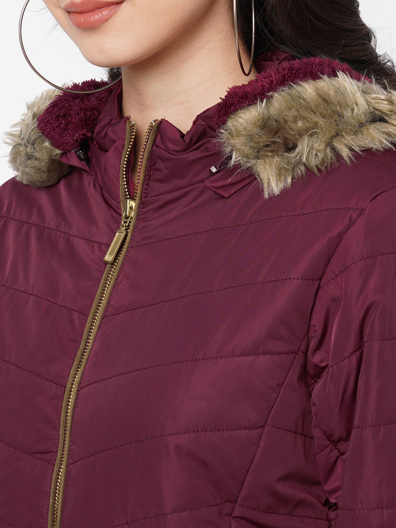 Women Maroon Padded Jackets - Maroon
