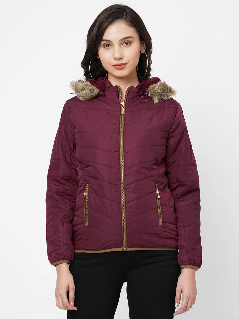 Women Maroon Padded Jackets - Maroon
