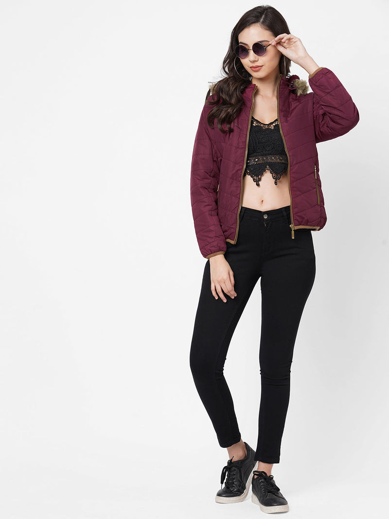 Women Maroon Padded Jackets - Maroon