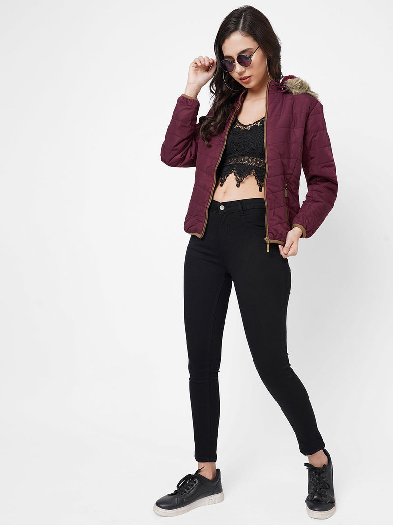 Women Maroon Padded Jackets - Maroon
