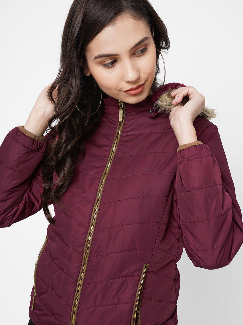 Women Maroon Padded Jackets - Maroon